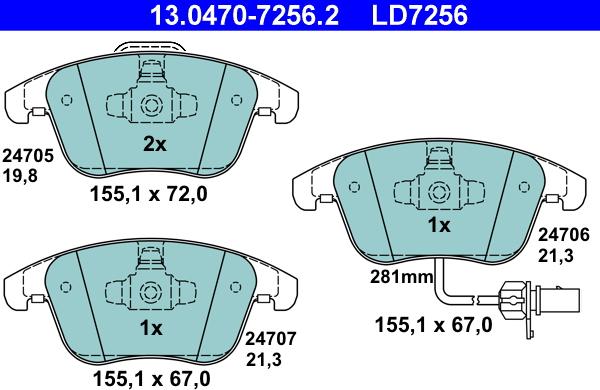 ATE 13.0470-7256.2 - Тормозные колодки, дисковые, комплект unicars.by