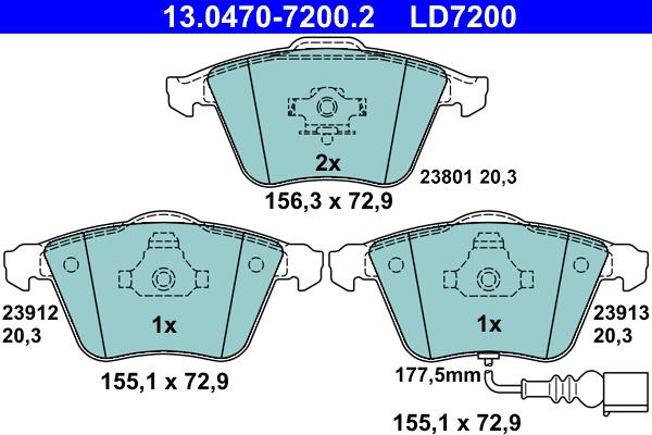 ATE 13.0470-7200.2 - Тормозные колодки, дисковые, комплект unicars.by