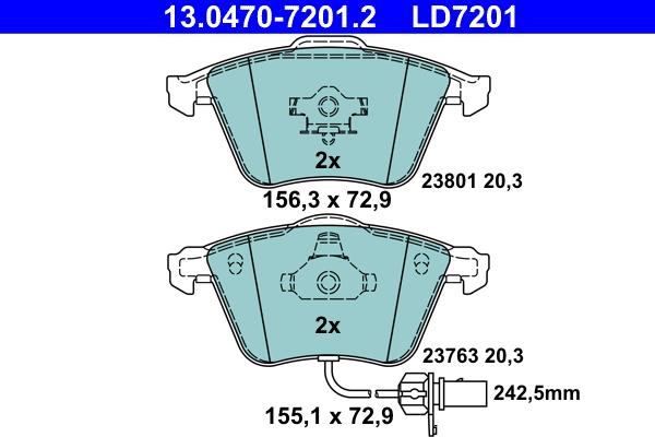 ATE 13.0470-7201.2 - Тормозные колодки, дисковые, комплект unicars.by