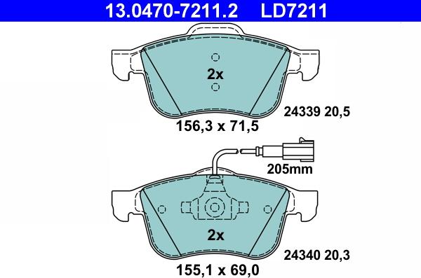 ATE 13.0470-7211.2 - Тормозные колодки, дисковые, комплект unicars.by