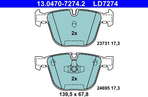 ATE 13.0470-7274.2 - Тормозные колодки, дисковые, комплект unicars.by