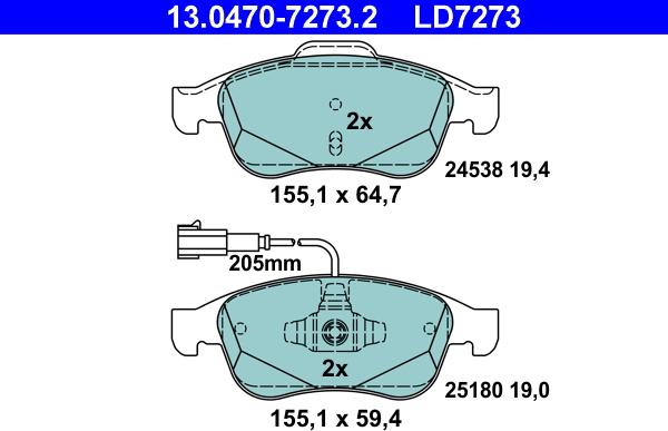 ATE 13.0470-7273.2 - Тормозные колодки, дисковые, комплект unicars.by