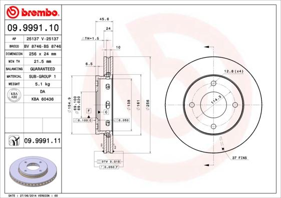 Brembo 09.9991.11 - Тормозной диск unicars.by