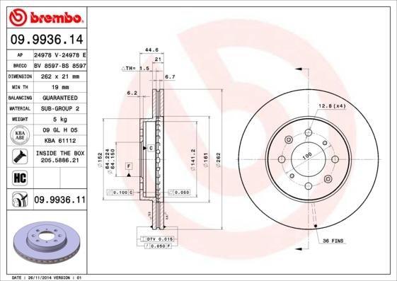 Brembo 09.9936.11 - Тормозной диск unicars.by