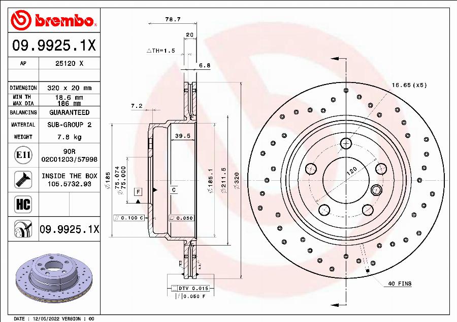 Brembo 09.9925.1X - Тормозной диск unicars.by