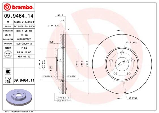 Brembo 09.9464.11 - Тормозной диск unicars.by