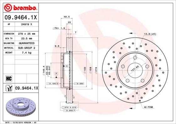 Brembo 09.9464.1X - Тормозной диск unicars.by