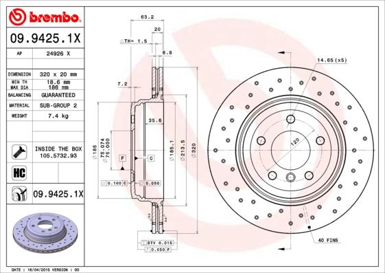 Brembo 09.9425.1X - Тормозной диск unicars.by