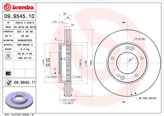 Brembo 09.9545.11 - Тормозной диск unicars.by