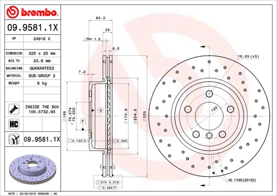 Brembo 09.9581.1X - Тормозной диск unicars.by