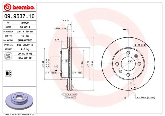 Brembo 09.9537.10 - Тормозной диск unicars.by