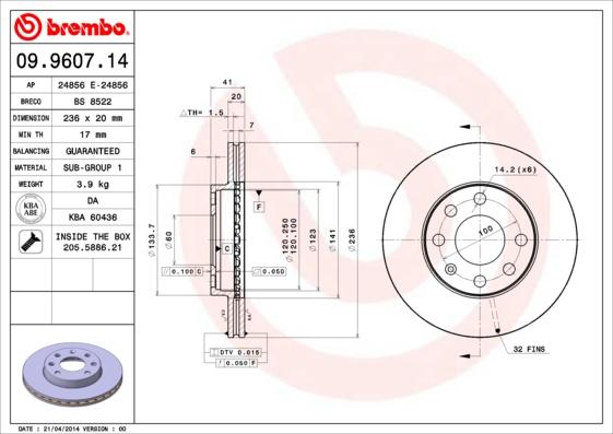 Brembo 09.9607.14 - Тормозной диск unicars.by