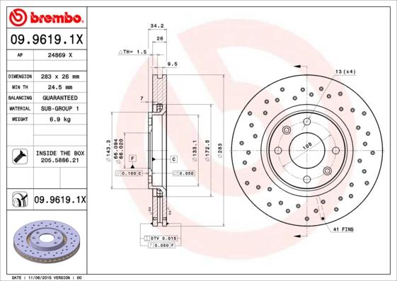 Brembo 09.9619.1X - Тормозной диск unicars.by