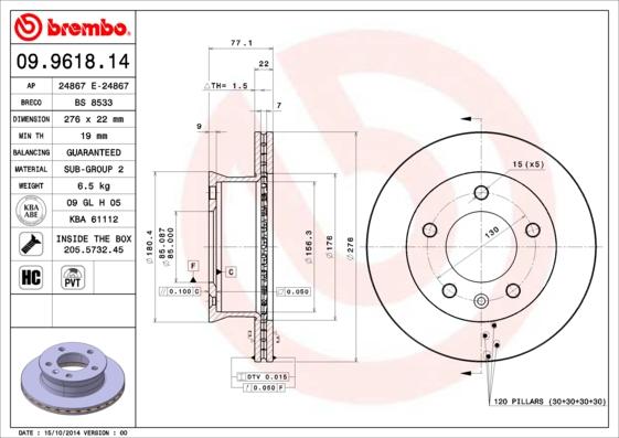 Brembo 09.9618.14 - Тормозной диск unicars.by