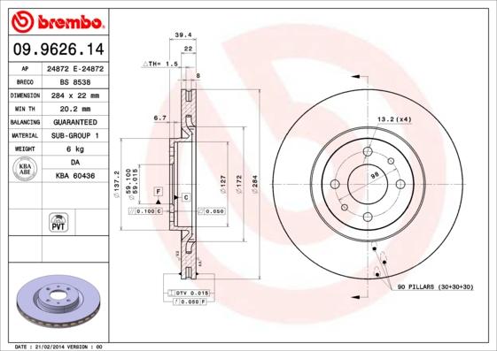 Brembo 09.9626.14 - Тормозной диск unicars.by