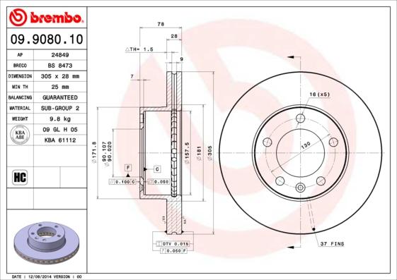 Brembo 09.9080.10 - Тормозной диск unicars.by