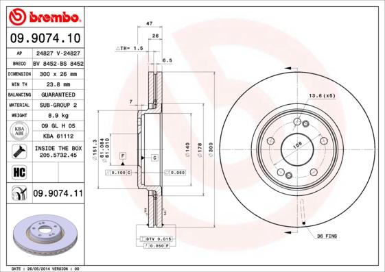 Brembo 09.9074.11 - Тормозной диск unicars.by