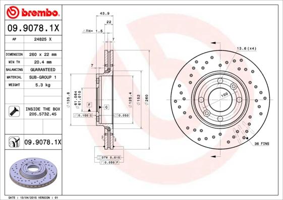 Brembo 09.9078.1X - Тормозной диск unicars.by