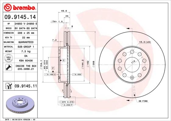 Brembo 09.9145.11 - Тормозной диск unicars.by