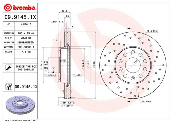 Brembo 09.9145.1X - Тормозной диск unicars.by