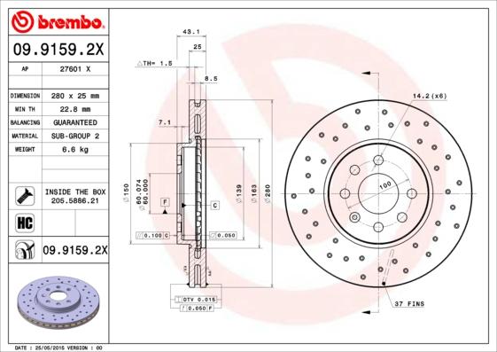 Brembo 09.9159.2X - Тормозной диск unicars.by