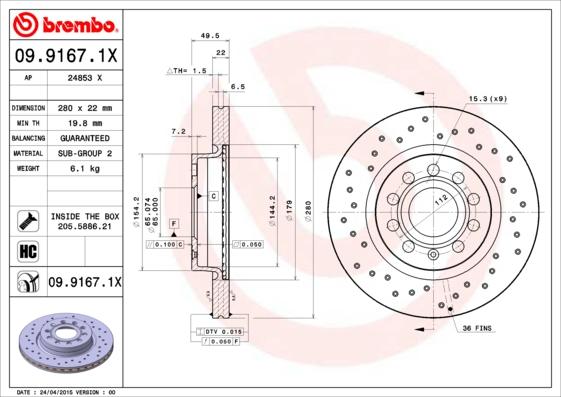 Brembo 09.9167.1X - Тормозной диск unicars.by