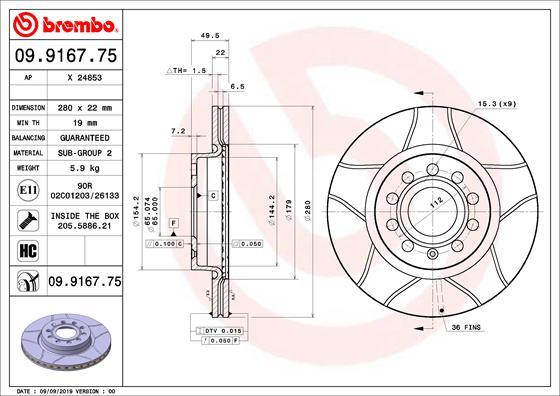 Brembo 09.9167.75 - Тормозной диск unicars.by