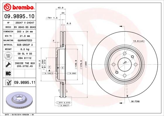 Brembo 09.9895.10 - Тормозной диск unicars.by