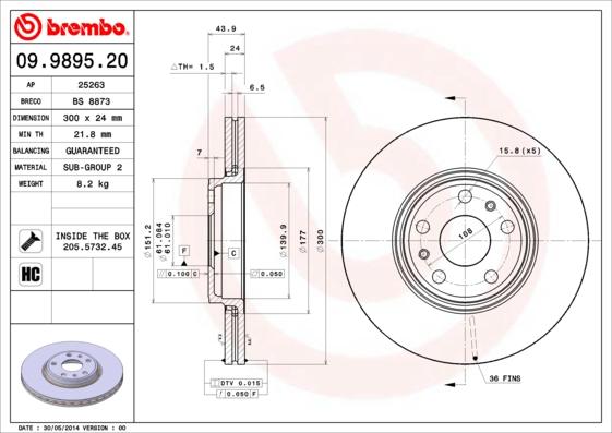 Brembo 09.9895.20 - Тормозной диск unicars.by