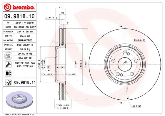 Brembo 09.9818.11 - Тормозной диск unicars.by