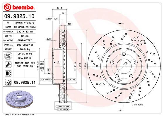 Brembo 09.9825.10 - Тормозной диск unicars.by