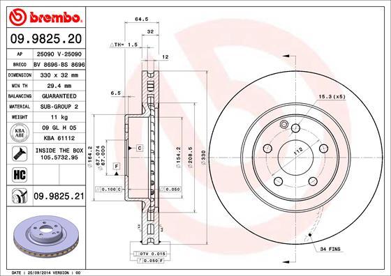 Brembo 09.9825.21 - Тормозной диск unicars.by