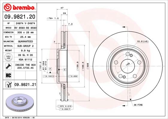 Brembo 09.9821.20 - Тормозной диск unicars.by