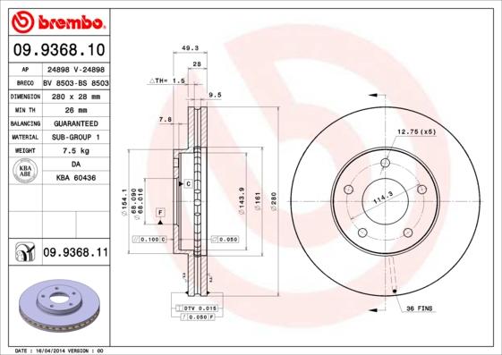 Brembo 09.9368.11 - Тормозной диск unicars.by