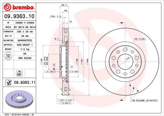 Brembo 09.9363.10 - Тормозной диск unicars.by