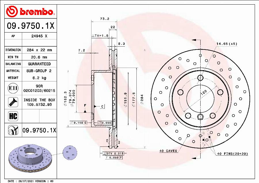 Brembo 09.9750.1X - Тормозной диск unicars.by