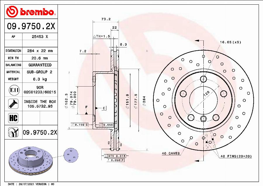 Brembo 09.9750.2X - Тормозной диск unicars.by