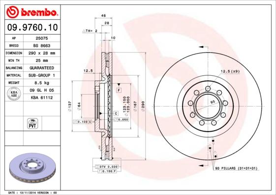 Brembo 09.9760.10 - Тормозной диск unicars.by