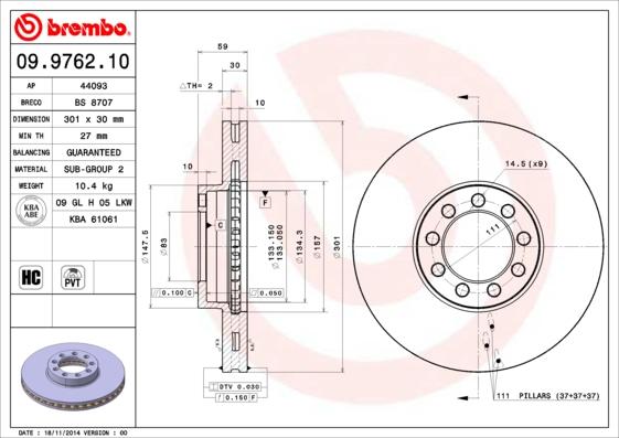 Brembo 09.9762.10 - Тормозной диск unicars.by