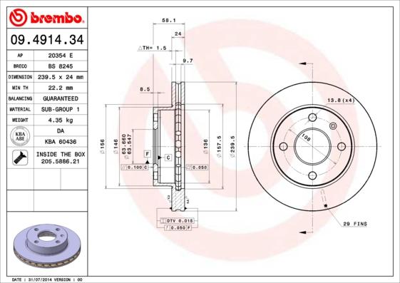 Brembo 09.4914.34 - Тормозной диск unicars.by