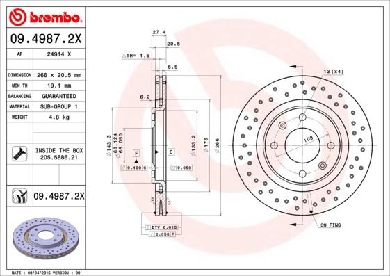 Brembo 09.4987.2X - Тормозной диск unicars.by