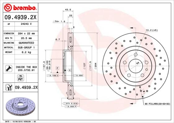 Brembo 09.4939.2X - Тормозной диск unicars.by