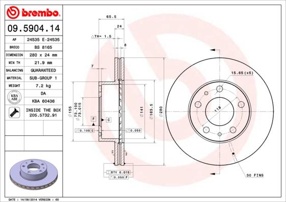 Brembo 09.5904.14 - Тормозной диск unicars.by