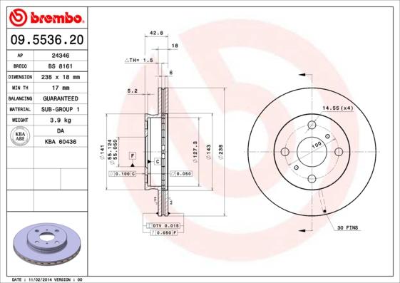 Brembo 09.5536.20 - Тормозной диск unicars.by