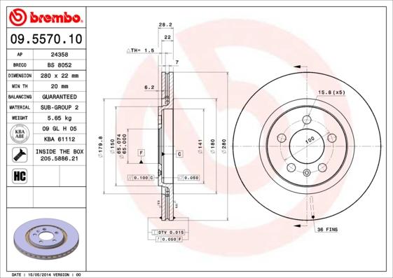 Brembo 09.5570.10 - Тормозной диск unicars.by