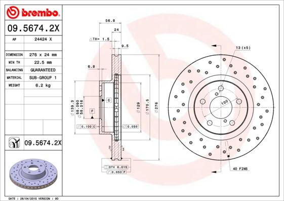 Brembo 09.5674.2X - Тормозной диск unicars.by