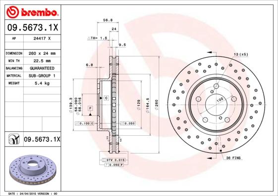 Brembo 09.5673.1X - Тормозной диск unicars.by