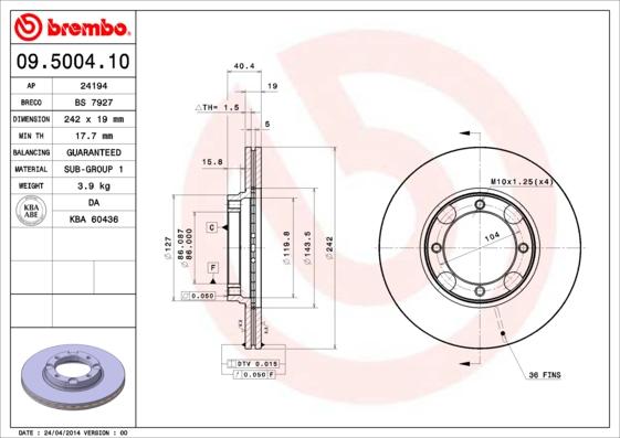 Brembo 09.5004.10 - Тормозной диск unicars.by