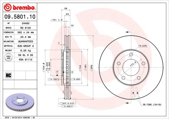 Brembo 09.5801.10 - Тормозной диск unicars.by