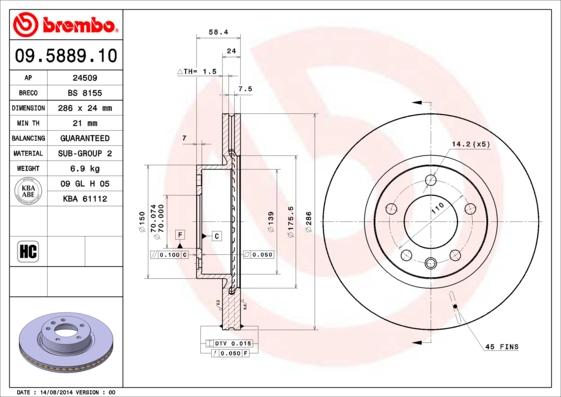 Brembo 09.5889.10 - Тормозной диск unicars.by